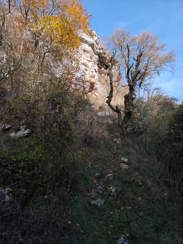 50 pas plus loin, la montée vers la falaise et la grotte à droite